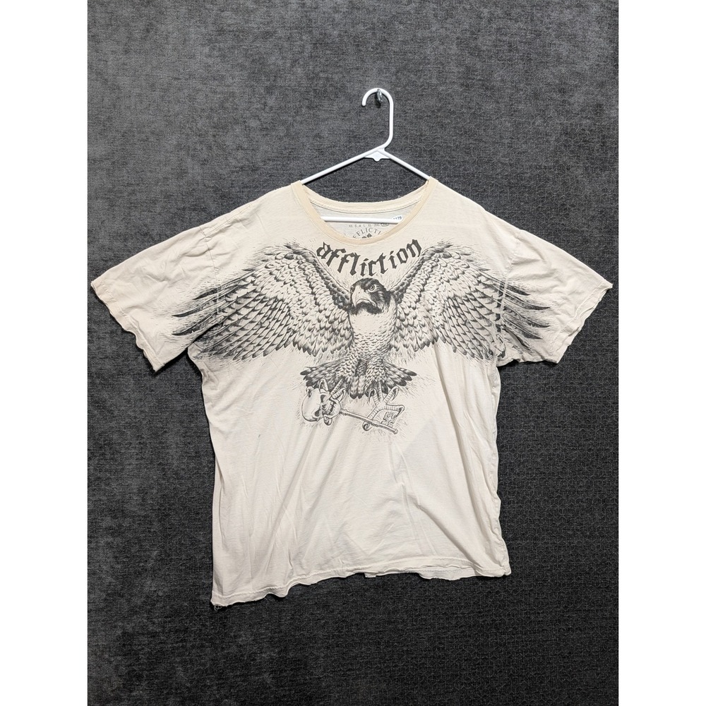 Affliction Live Fast Mens 3XL T-Shirt Cream Eagle Skull Graphic Distressed USA